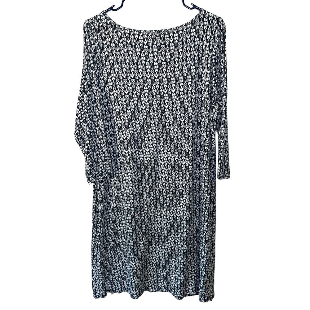 J Jill Blue White Gray Geometric Print Knit 3/4 Sleeve Dress Size L